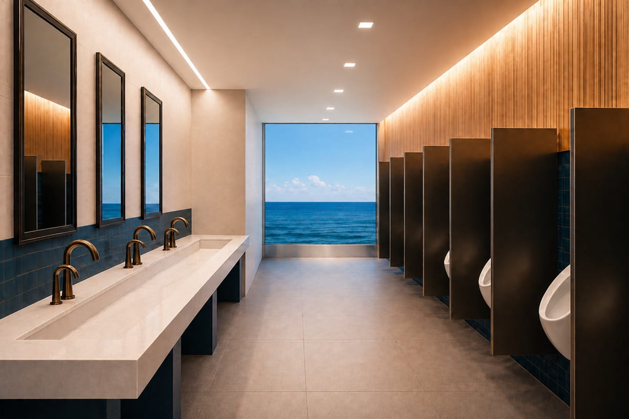 Coordinated auto faucet and soap dispenser sets for commercial restrooms